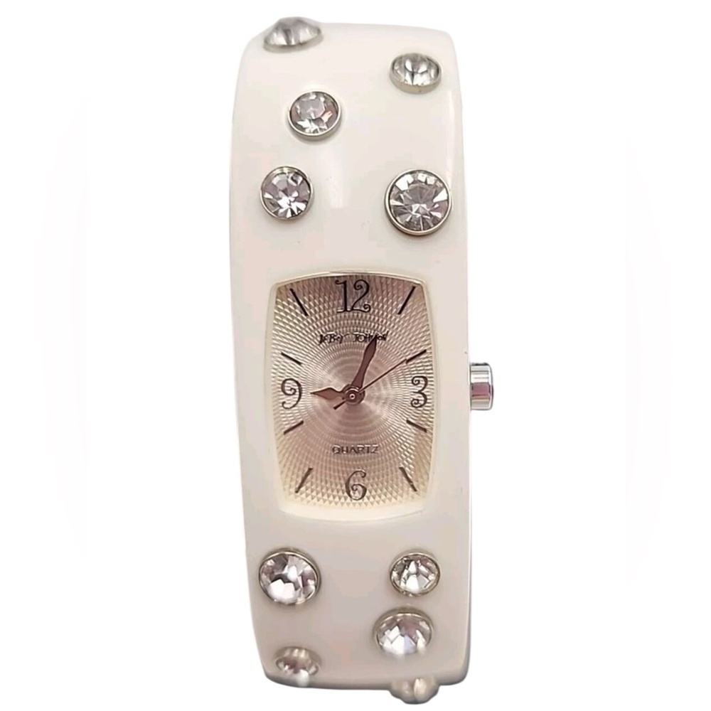 Vtg Betsy Johnson Swarvoski Watch Hinged Cuff Bracelet